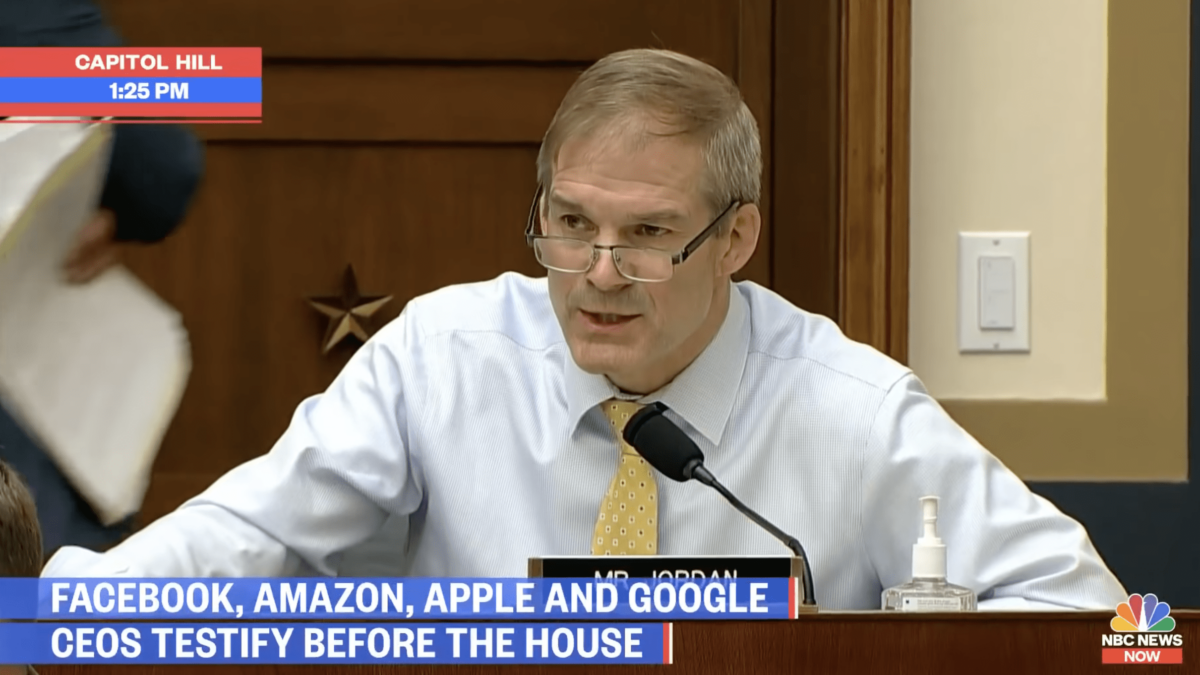 Member of Congress Jim Jordan wearing glasses speaking into microphone during Congressional hearing on big tech