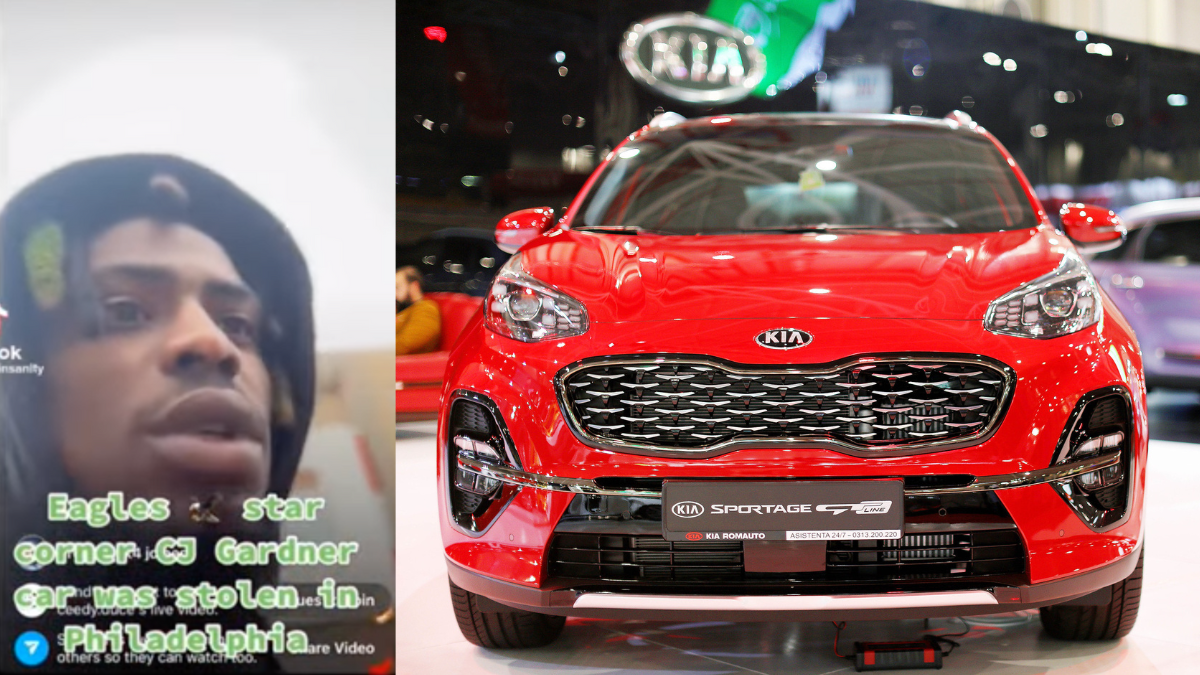 Football player speaking on Instagram and a photo of a red kia car on a show room floor