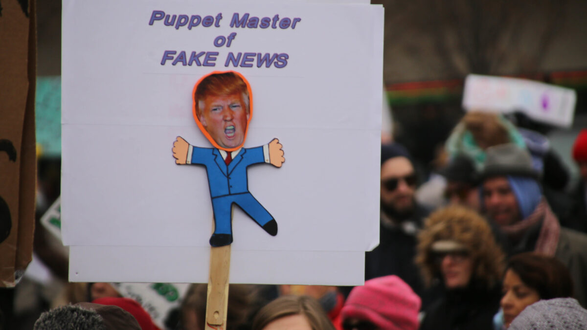 Trump Derangement fake news protest sign in a crowd of people