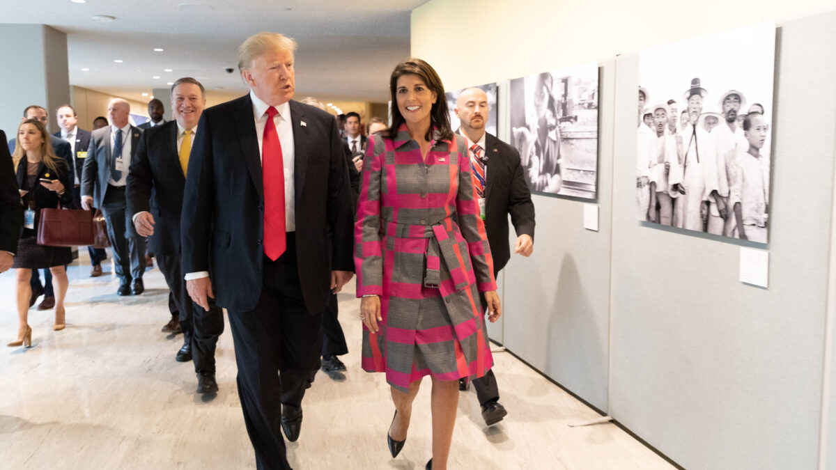 Nikki Haley walks with Donald Trump, Mike Pompeo trails behind