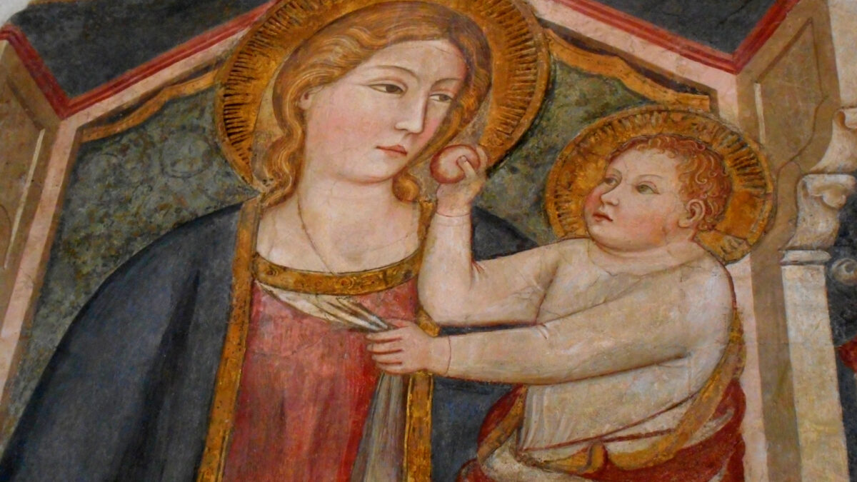 "Virgin Mary and Child" - fresco (after 1371) by followers of Niccolò di Tommaso (information 1339-1376) and Andrea Vanni (Siena 1330/1333-Siena after 1414) - Carthusian monastery and museum of San Martino in Naples