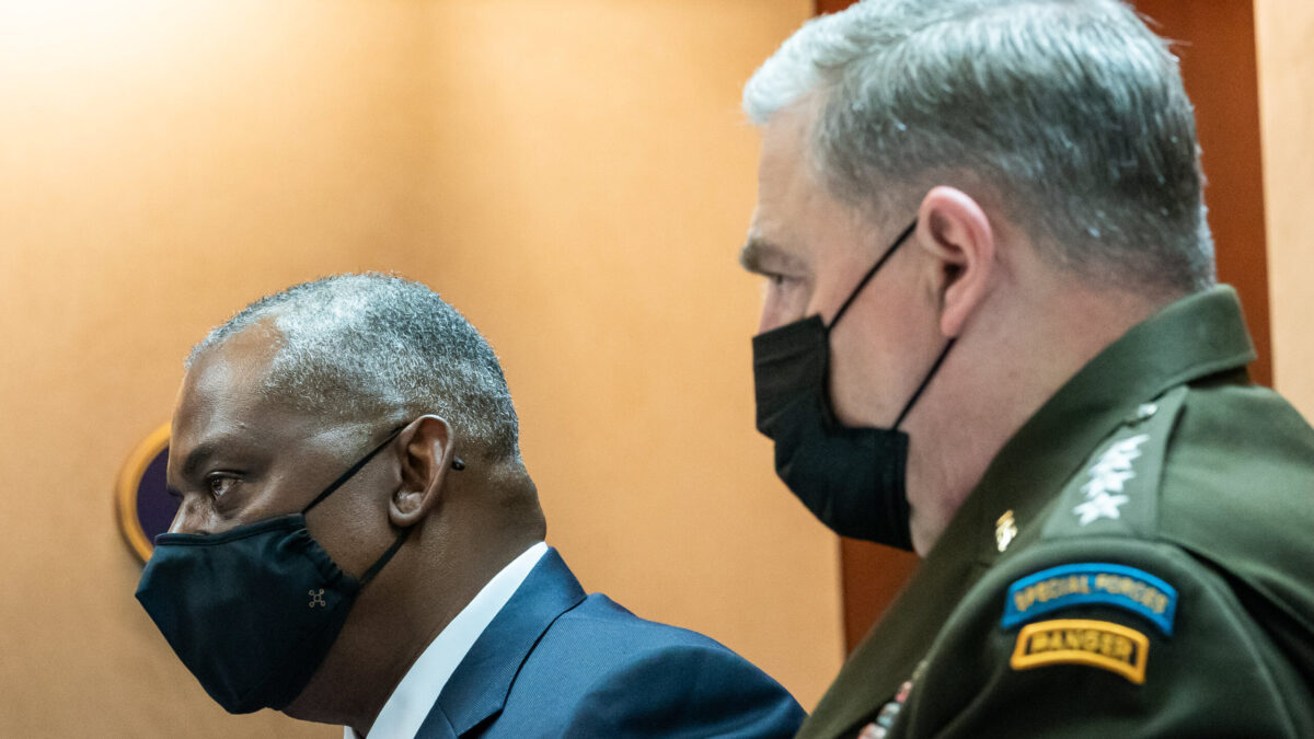 Defense Secretary Lloyd Austin and Chairman of the Joint Chiefs Gen. Mark Miller in masks