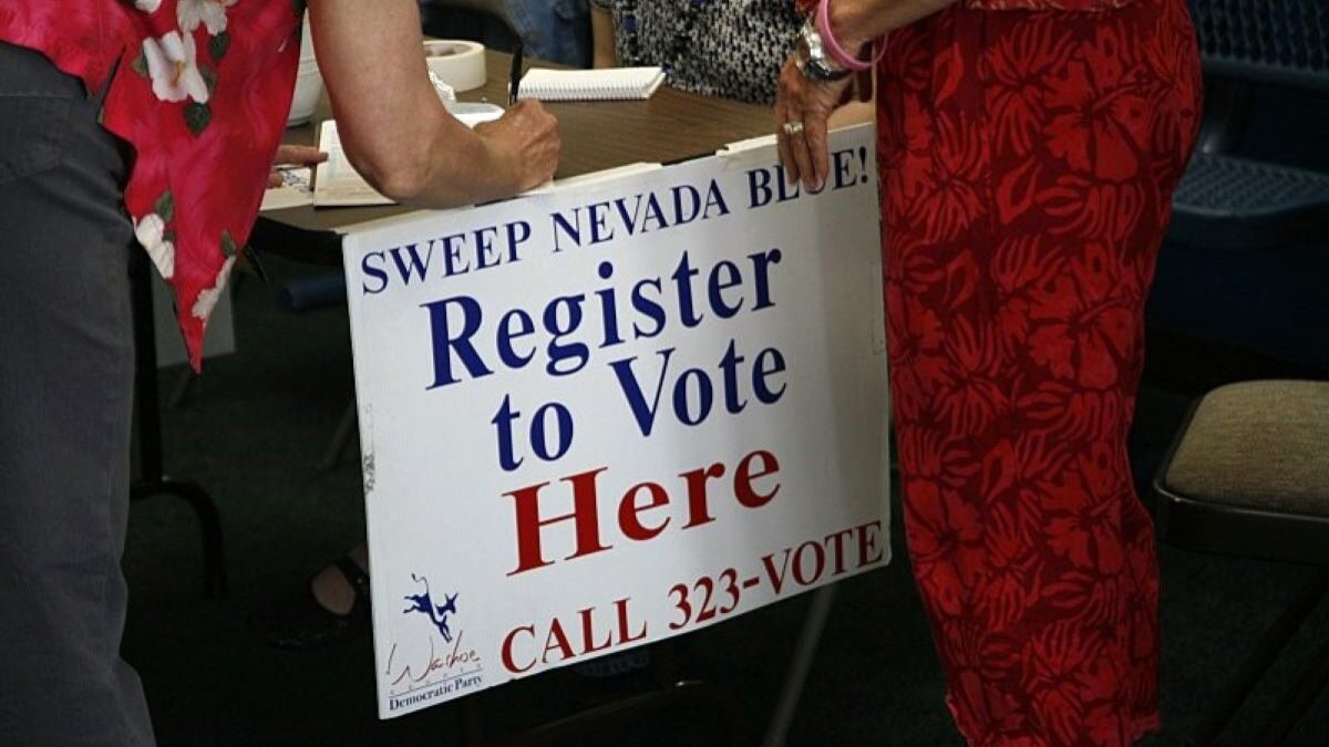 A Democrat voter registration booth at a Reno Town Hall