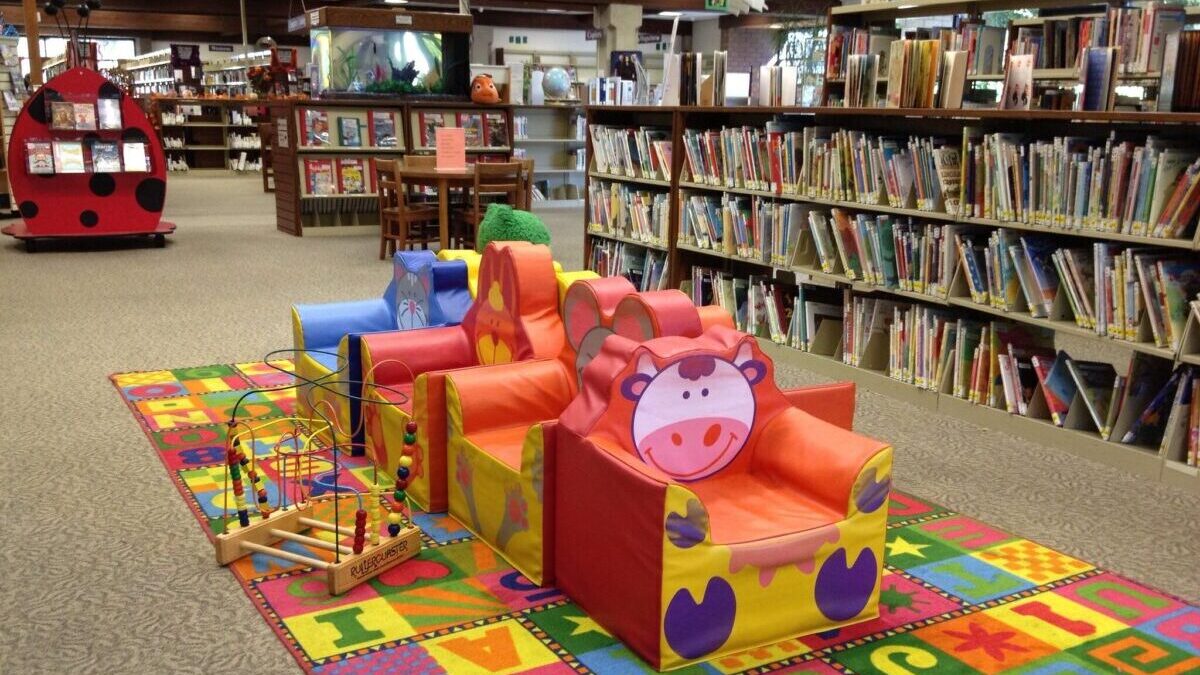 kids section of a library where media claim book bans are taking effect