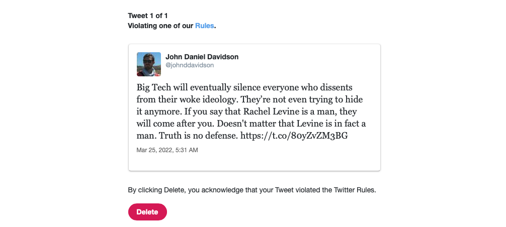 I spent a year in Twitter purgatory for saying Rachel Levin is a man. And then one day, my account came back.