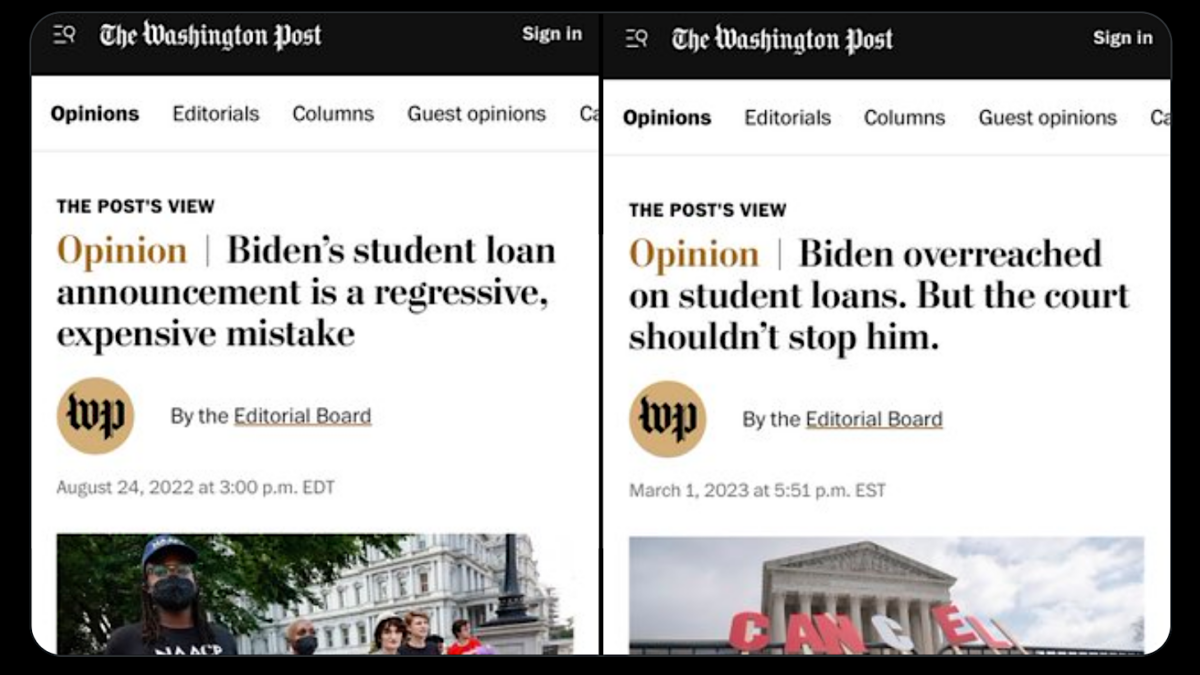screenshot from Tweet comparing two Washington Post articles about student loan bailouts