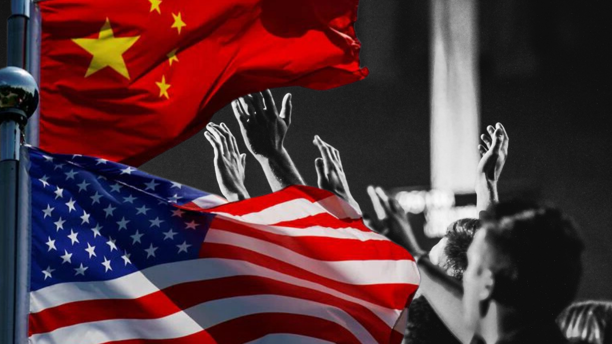 Chinese and US flags over black and white image of worshiping hands