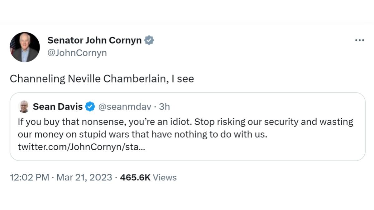 John Cornyn responding to a tweet from Sean Davis