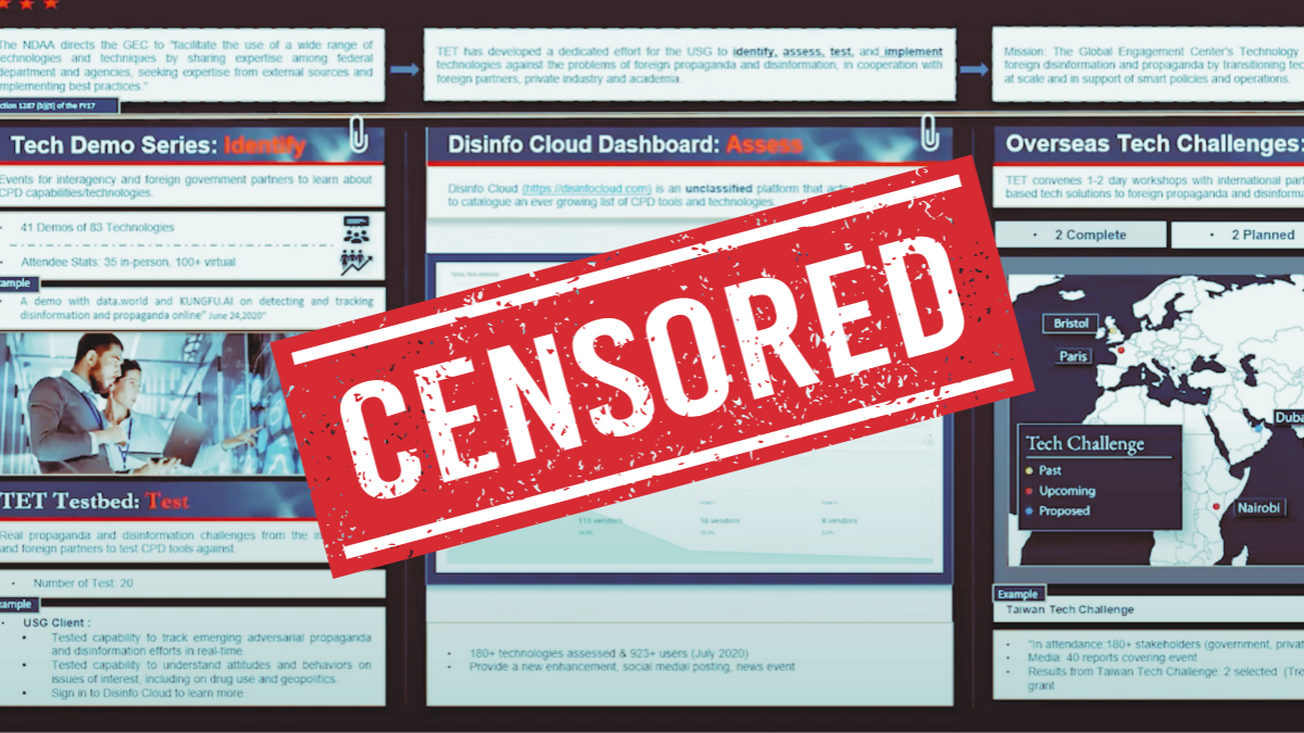 Censorship banner over the Disinfo Cloud dashboard
