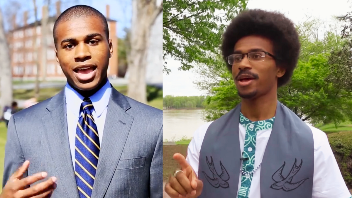 split screen of Justin Pearson with different hairstyles and dress clothes