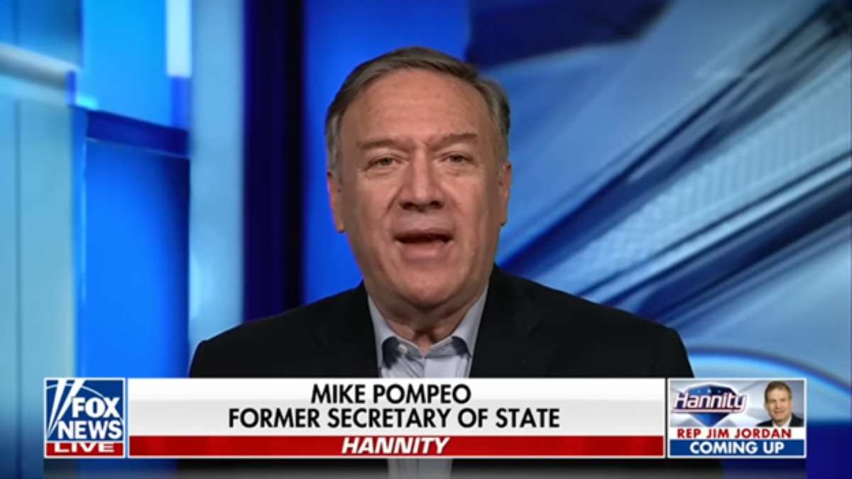 Former Secretary of State Mike Pompeo giving an interview on Fox News