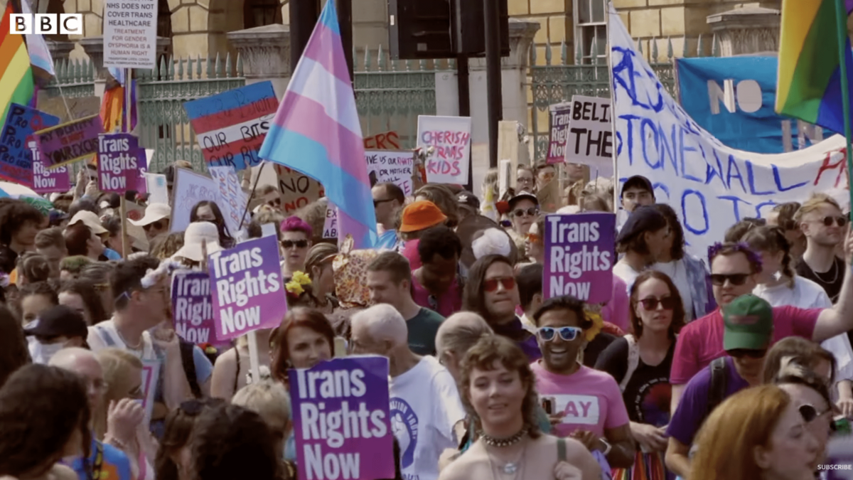 trans activists marching in parade with signs and flags