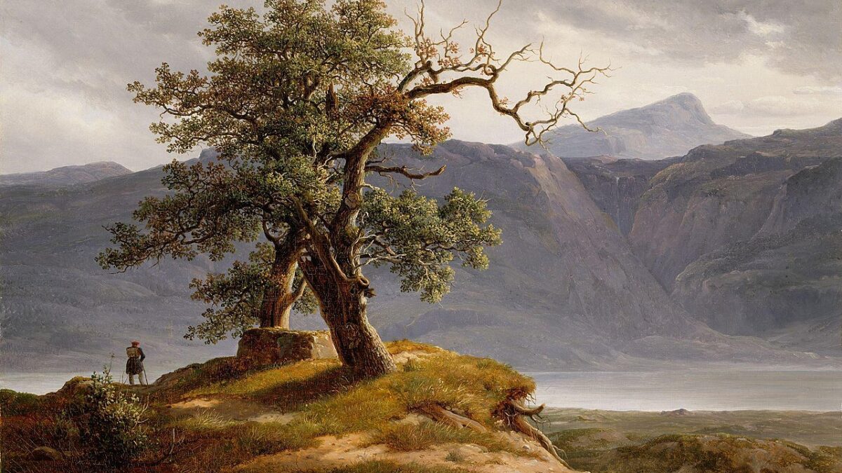 landscape painting featuring mountains, large tree, and small man wandering
