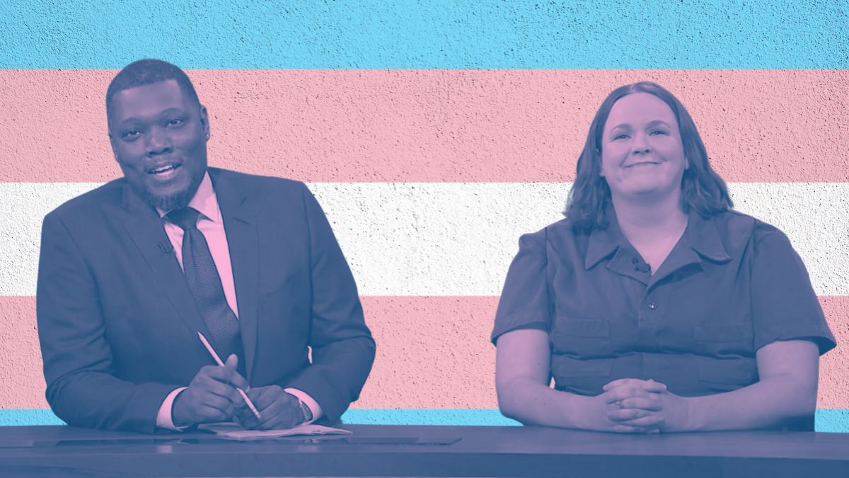 transgender culture war graphic with Michael Che and Molly Kearney on SNL in front of trans flag