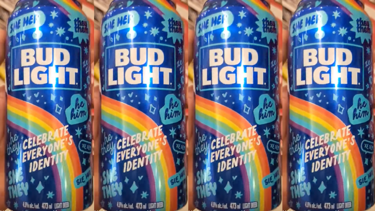 bud light beer can with rainbow flag and pronouns on the label