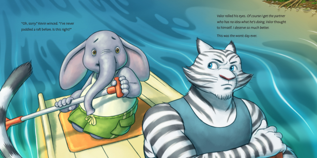 "Pride Comes Before a Fall" book page with tiger and elephant on a raft