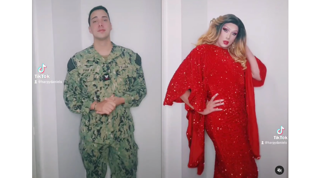 side by side of navy soldier and man dressed as woman in red dress
