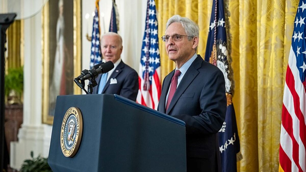 Merrick Garland giving remarks during a ceremony