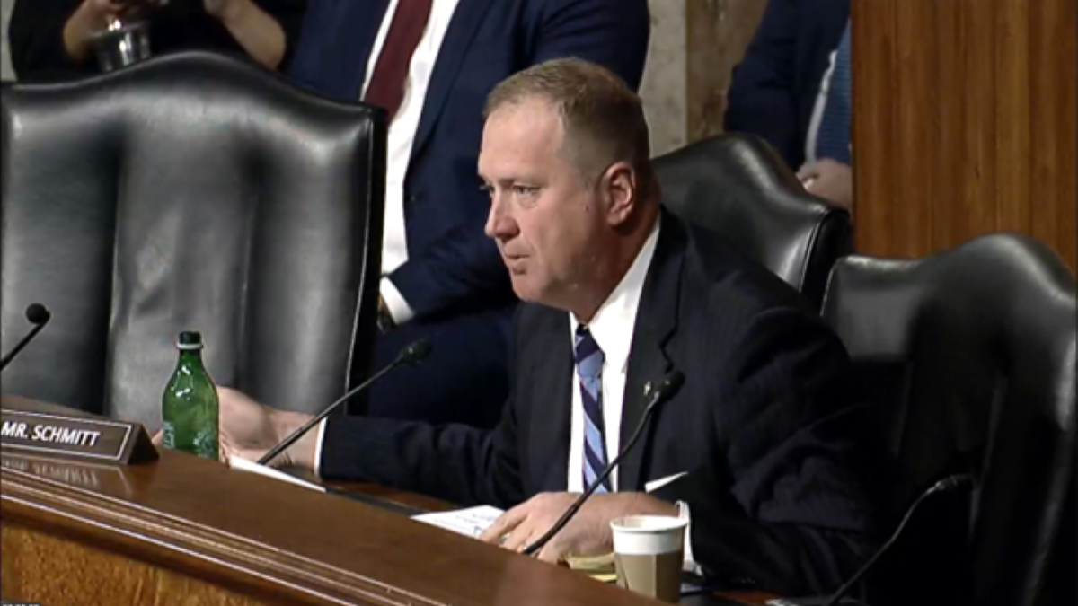 Sen. Eric Schmitt grilling Joint Chiefs nominee Charles Brown at a Senate confirmation hearing