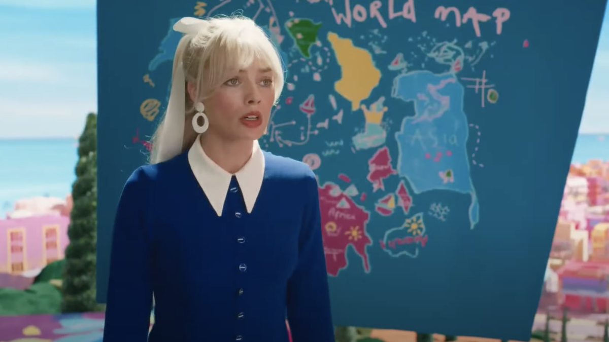 Margot Robbie playing Barbie in front of a world map
