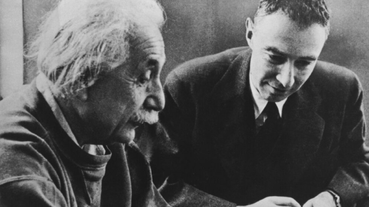 Physicists Albert Einstein and J. Robert Oppenheimer conferring, circa 1950