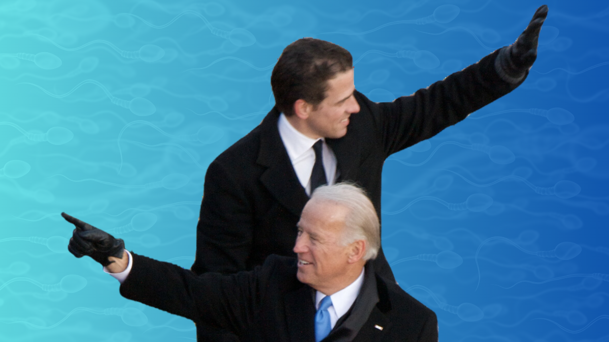 graphic showing male privilege of Hunter and Joe Biden, who wave in front of blue sperm background