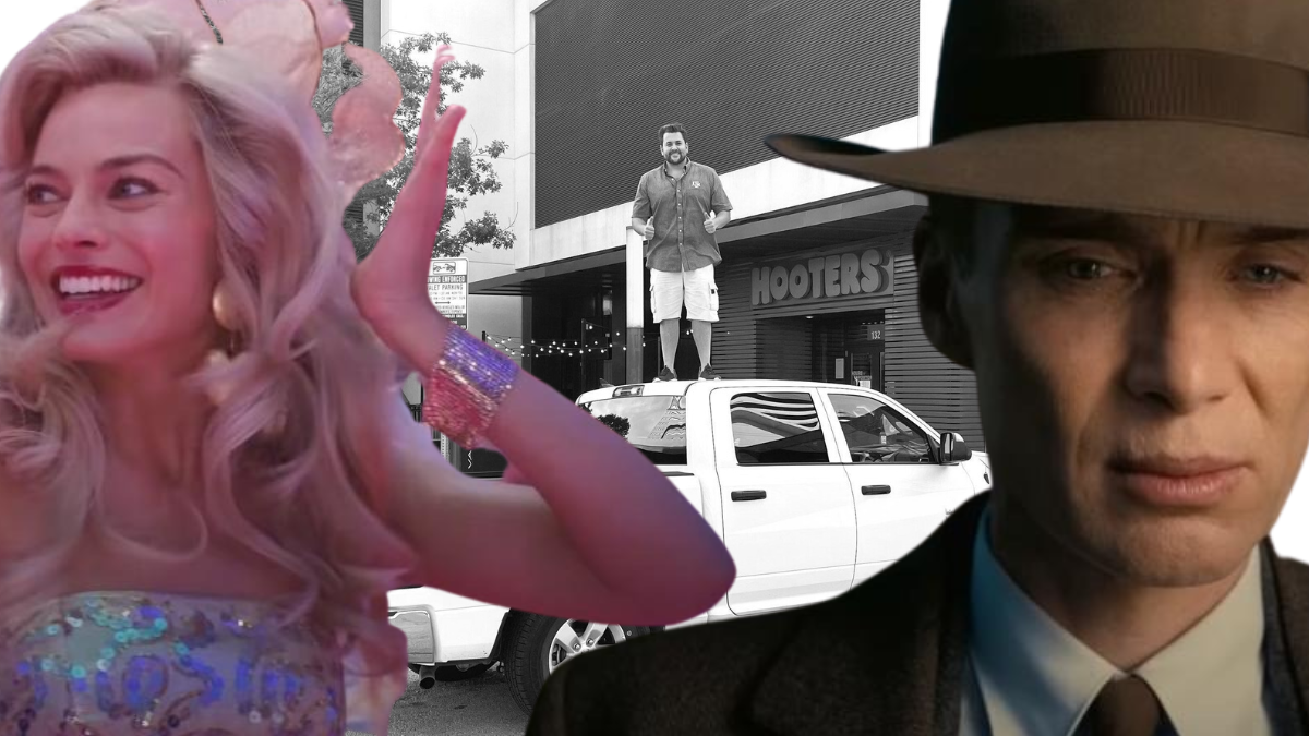 Margot Robbie in "Barbie," man standing on a truck, and Cillian Murphy in "Oppenheimer"