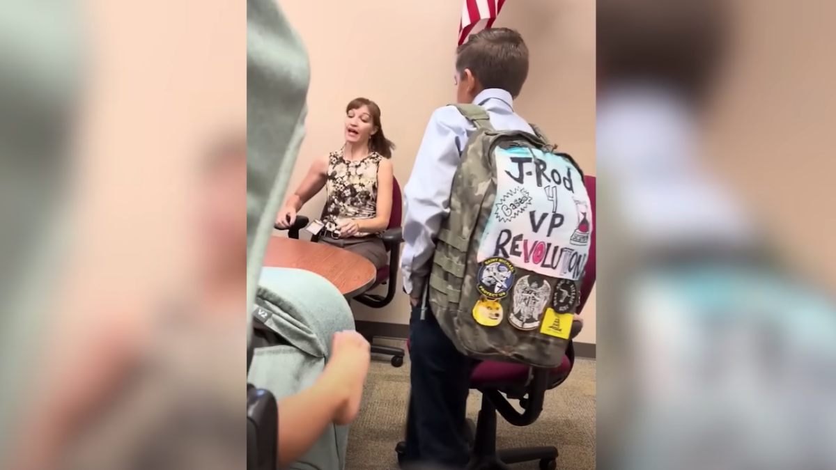 backpack with 'Don't Tread on Me' flag and other patches on it