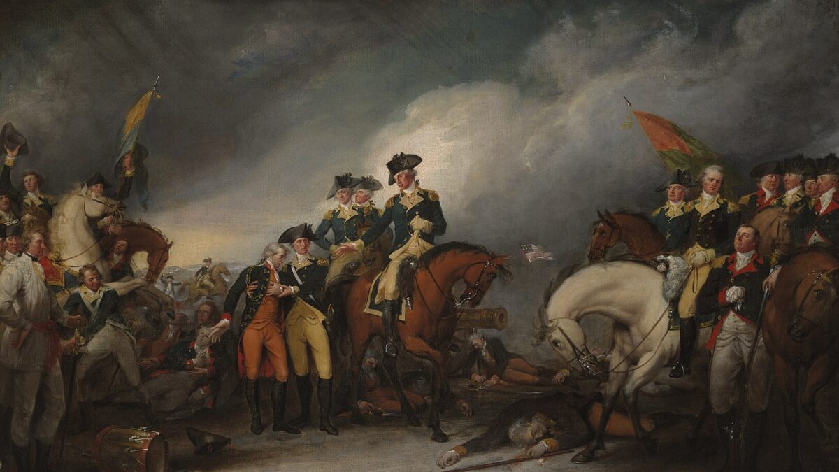 The Capture of the Hessians at Trenton, December 26, 1776 celebrates the important victory by General George Washington at the Battle of Trenton. In the center of the painting, Washington is focused on the needs of the mortally wounded Hessian Colonel Johann Rall. On the left, the severely wounded Lieutenant James Monroe is helped by Dr. John RIker. On the right is Major General Nathanael Greene on horseback.