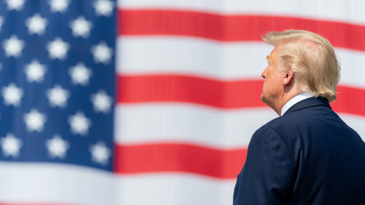 Donald Trump stares at American flag