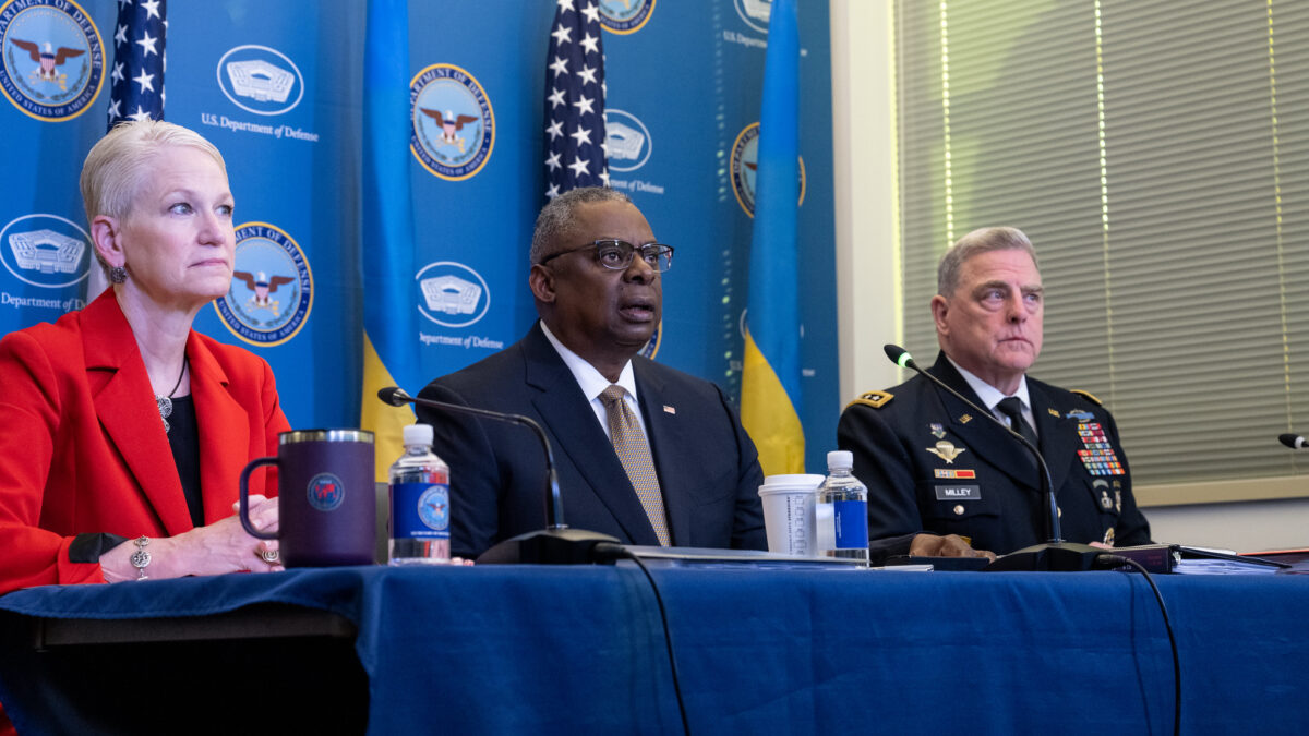 Secretary of Defense Lloyd J. Austin III, Chairman of the Joint Chiefs of Staff U.S. Army Gen. Mark A. Milley and Assistant Secretary of Defense for International Security Affairs, Celeste Wallander participate virtually in the Ukraine Defense Contact Group from the Pentagon, Washington, D.C., May 23, 2023.