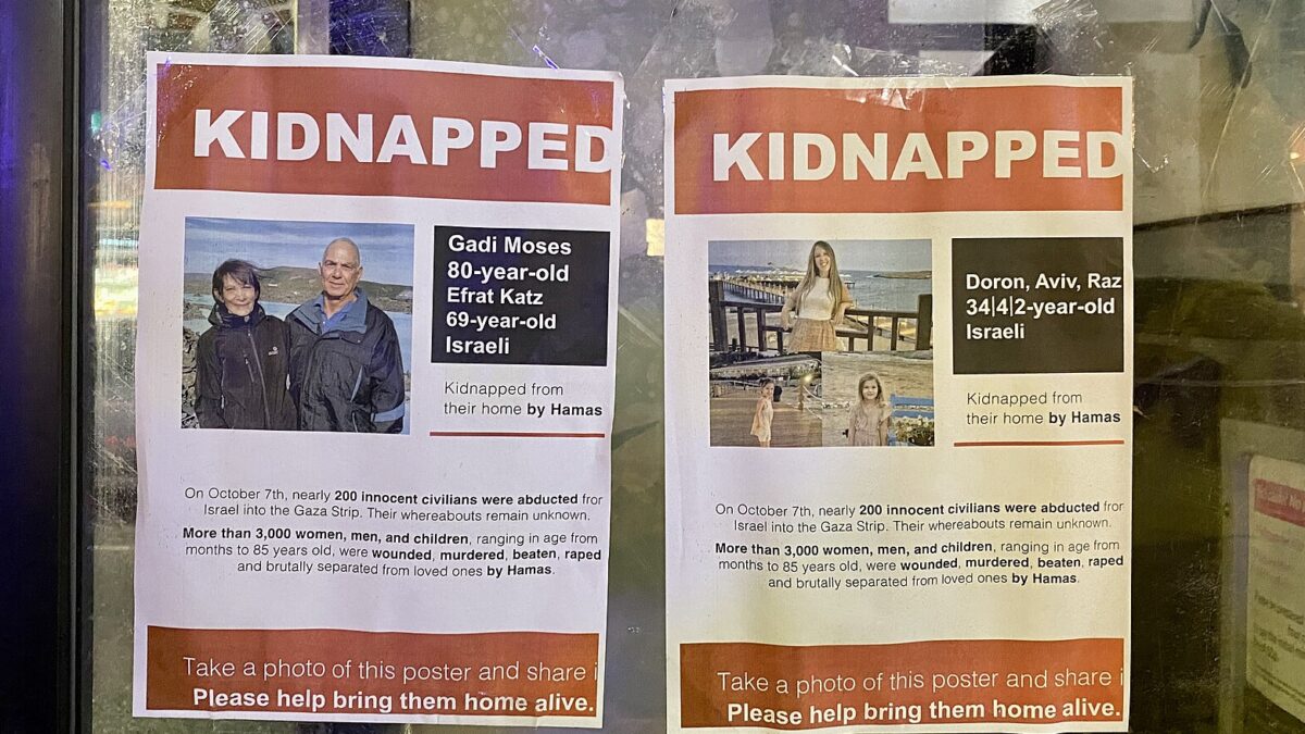 Posters in North Finchley, London, highlighting people kidnapped by Hamas during the war