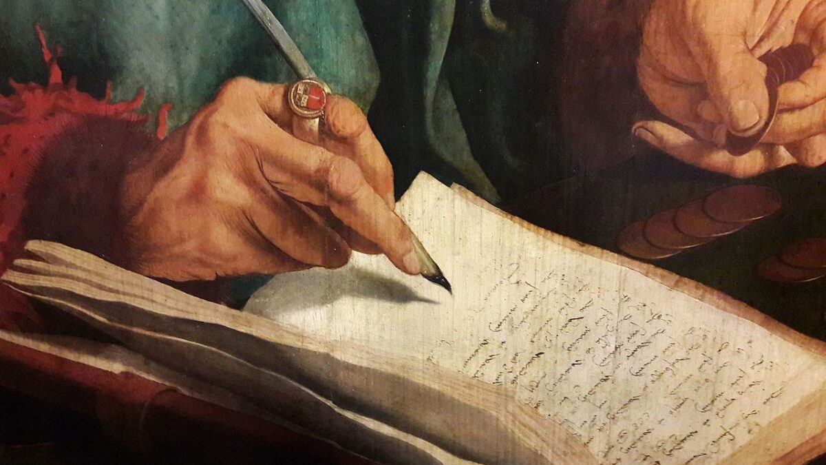 painting of hand writing in book with ink quill