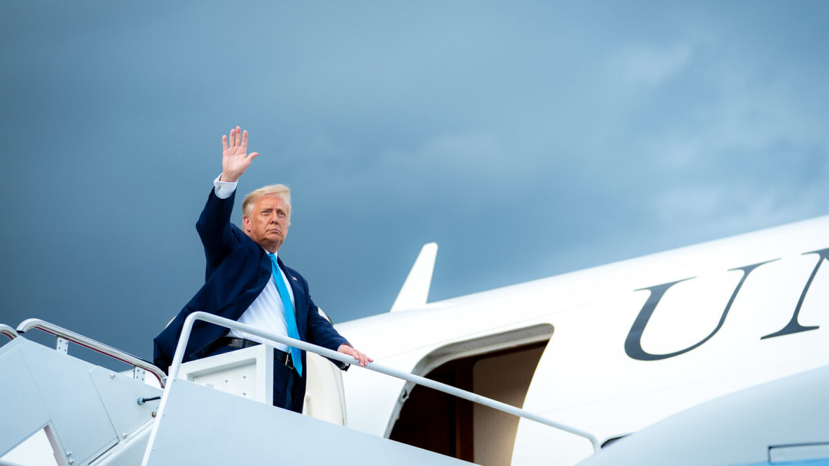 President Donald J. Trump waves as he boards Air Force One at Joint Base Andrews, Md. Thursday, Sept. 3, 2020, and en route to Arnold Palmer Regional Airport in Latrobe, Pa. (Official White House Photo by Tia Dufour)