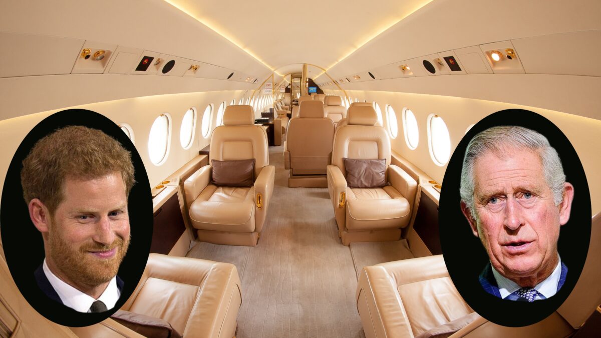 Private jet with inset photos of Prince Harry and King Charles
