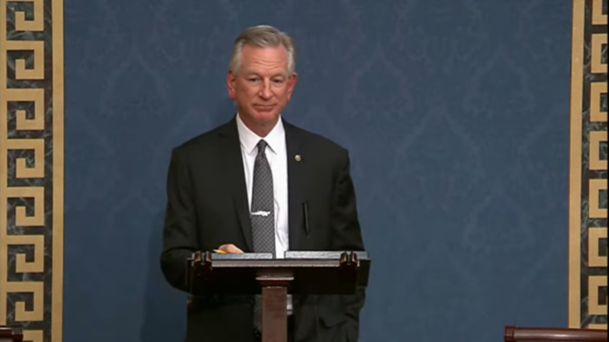 Tommy Tuberville giving a speech on the Senate floor