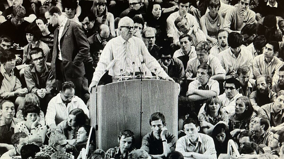 Herbert Marcuse giving a lecture in Berlin, 1967.