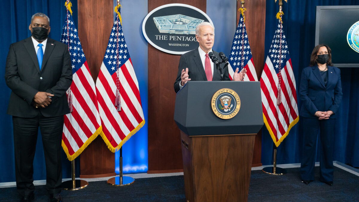 President Joe Biden, joined by Vice President Kamala Harris and Secretary of Defense Lloyd Austin, delivers remarks during a press conference Wednesday, Feb. 10, 2021, at the Pentagon in Arlington, Virginia. (Official White House Photo by Adam Schultz)