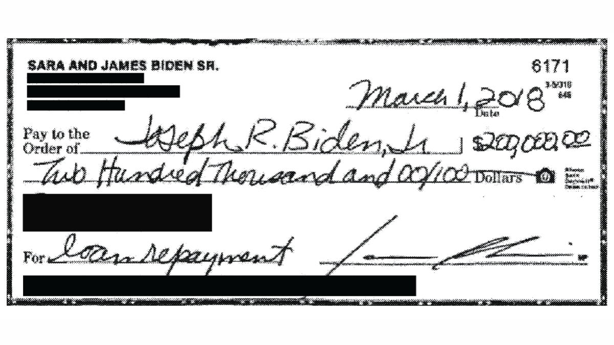 check showing payment from James to Joe Biden