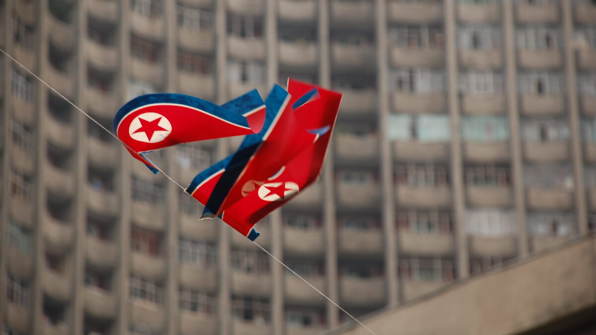 North Korean flags in wind