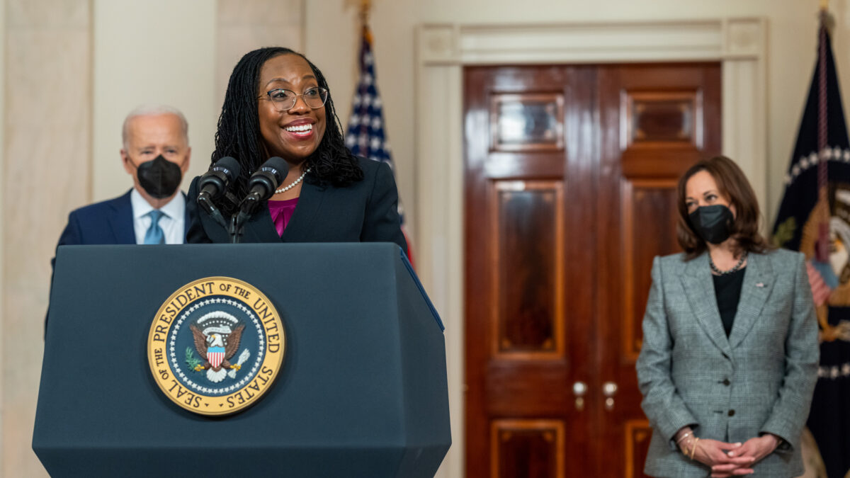 President Joe Biden and Vice President Kamala Harris look on while Judge Ketanji Brown Jackson delivers remarks on her nomination to the U.S. Supreme Court, Friday, February 25, 2022, in the Grand Foyer of the White House. (Official White House Photo by Cameron Smith)