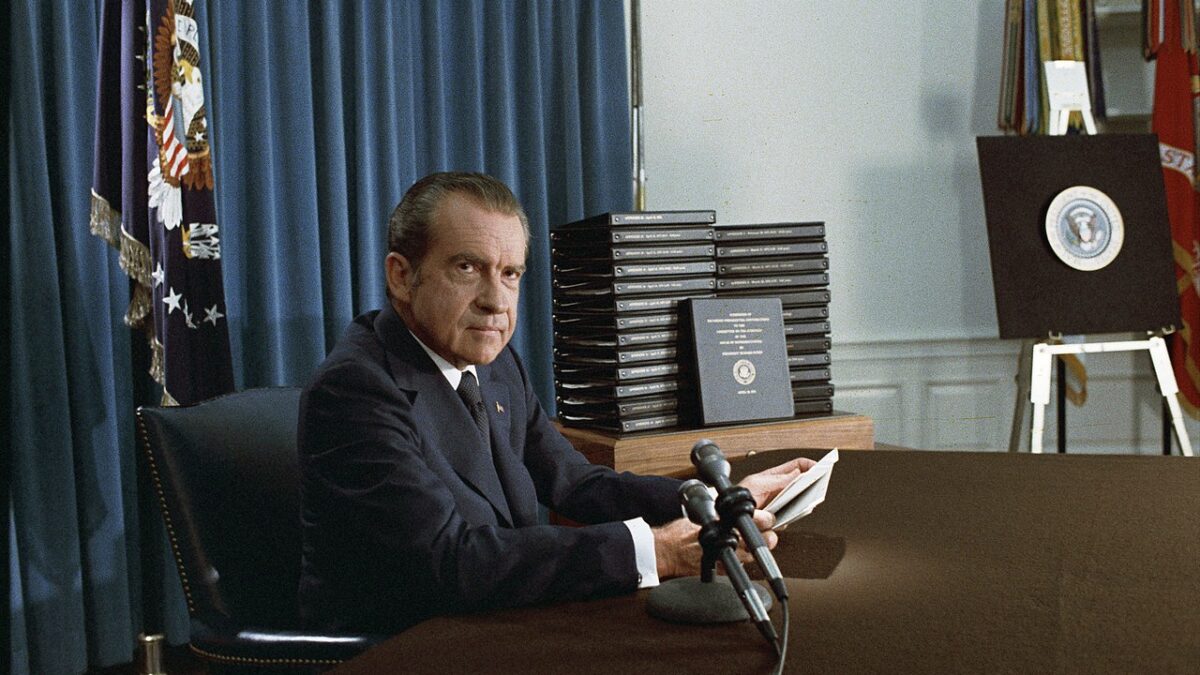 President Nixon with his edited transcripts of the White House Tapes subpoenaed by the Special Prosecutor, during his speech to the Nation on Watergate