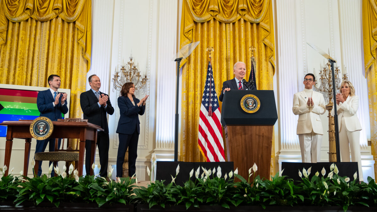 First Lady Jill Biden, joined by President Joe Biden, Vice President Kamala Harris, Second Gentleman Douglas Emhoff, Secretary of Transportation Pete Buttigieg and youth activist Javier Gomez, delivers remarks at a Pride reception Wednesday, June 15, 2022, in the East Room of the White House. (Official White House Photo by Cameron Smith)