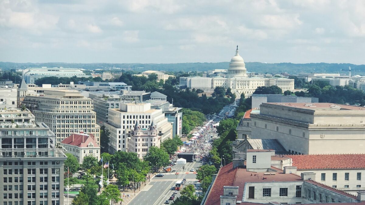 aerial view of washington dc and capitol building