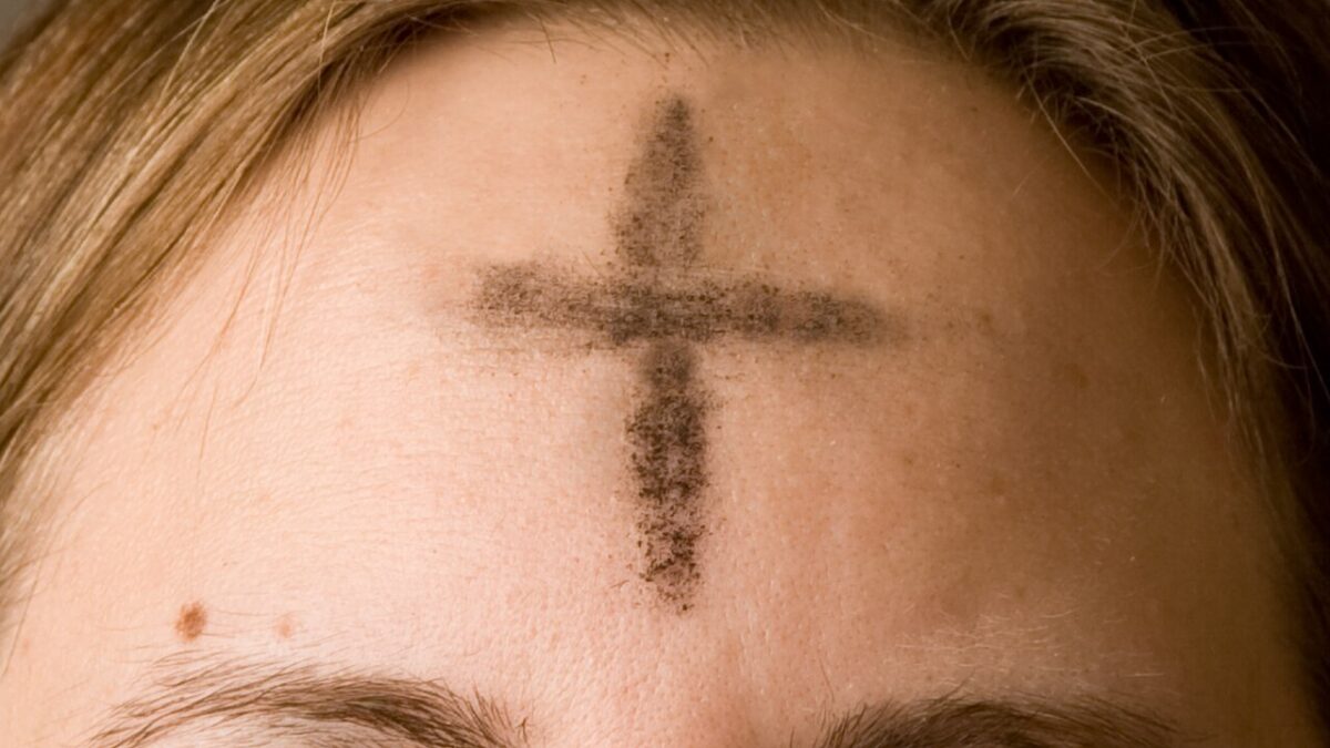 Forehead with an ash cross for Ash Wednesday