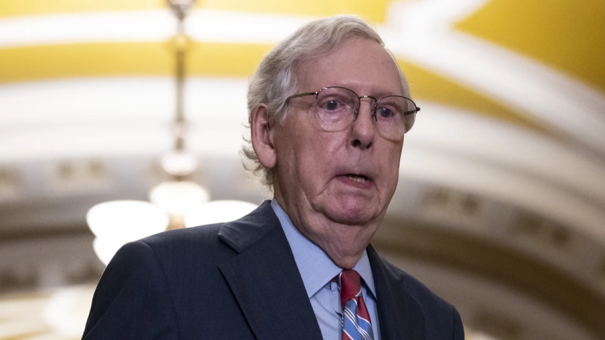 Mitch McConnell freezes at a news conference.