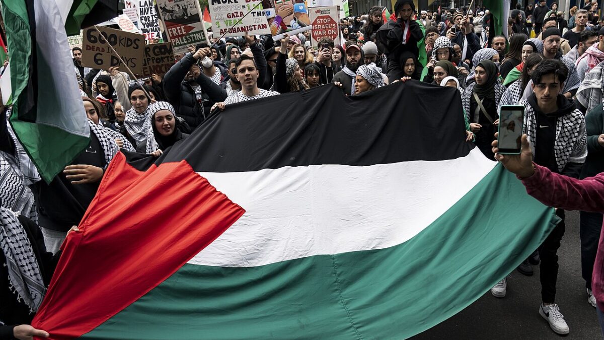 people holding Palestine flag