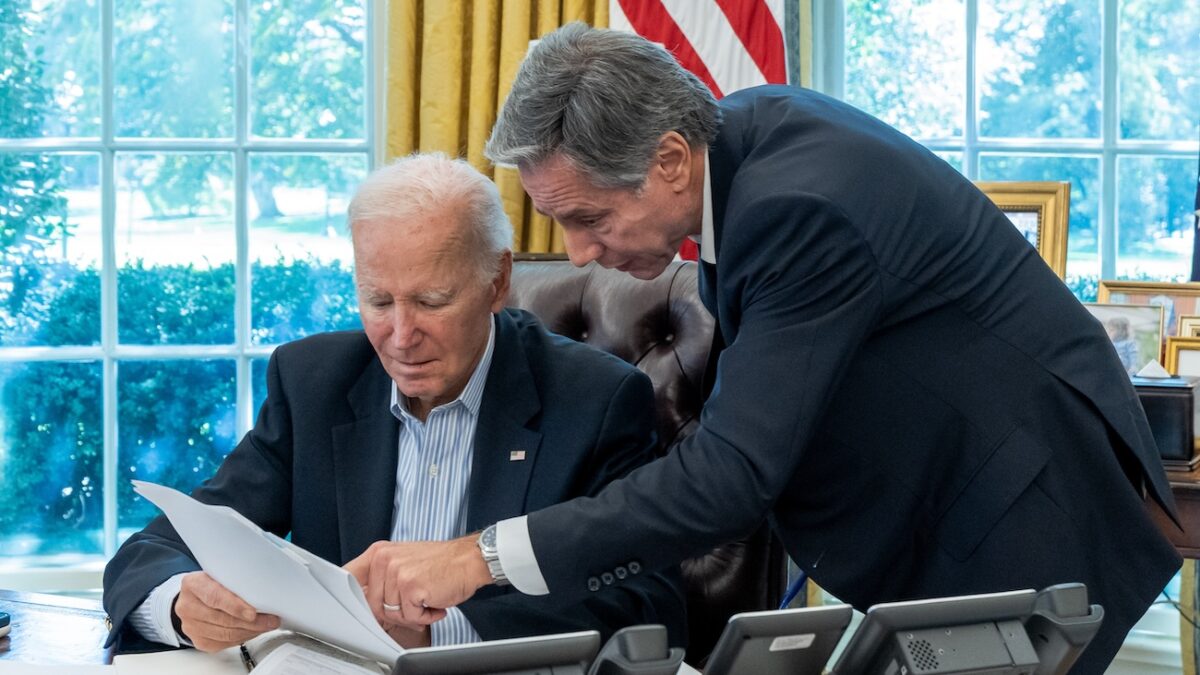 President Joe Biden is briefed by Secretary of State Antony Blinken on the Hamas terrorist assault on Israel, Saturday, October 7, 2023, in the Oval Office.