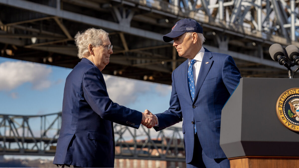 President Joe Biden, joined by Senate Minority Leader Mitch McConnell (R-Ky), delivers remarks on infrastructure, Wednesday, January 4, 2023, at the Brent Spence Bridge site in Covington, Kentucky. (Official White House Photo by Adam Schultz)