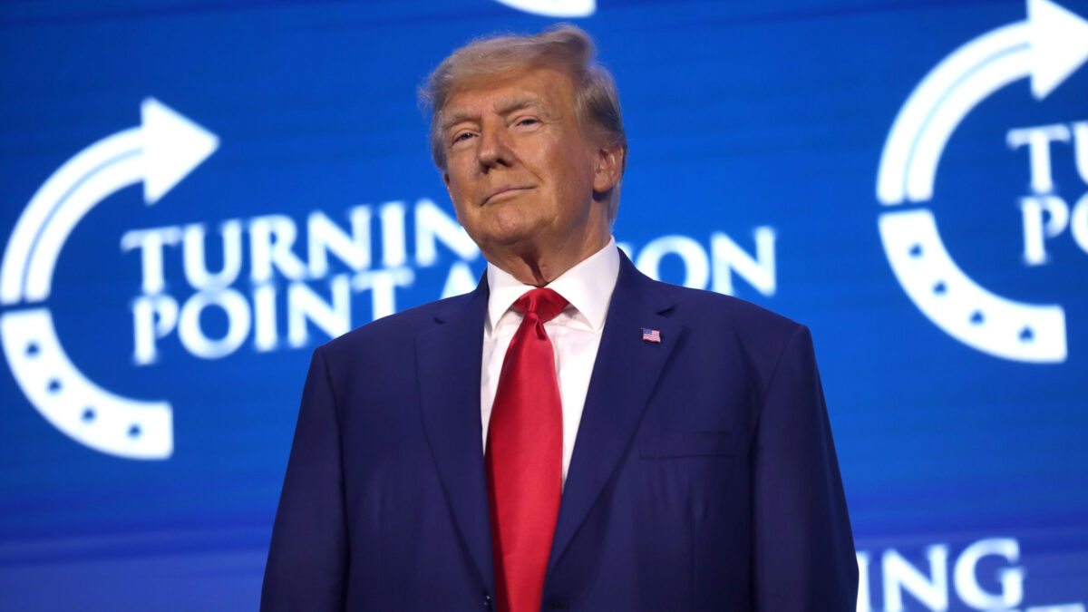 Former President Donald Trump at 2023 Turning Point Action Conference at the Palm Beach County Convention Center in West Palm Beach, Florida.